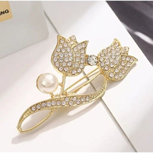 Gold Rhinestones Tulip FLOWER Pearl Brooch Flowers Tulips - Picture 2 of 4